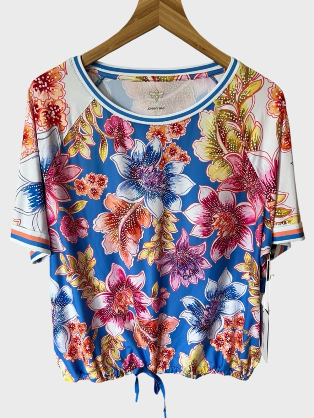 Johnny Was new with tags Blue Floral Drawstring Short Sleeve Top